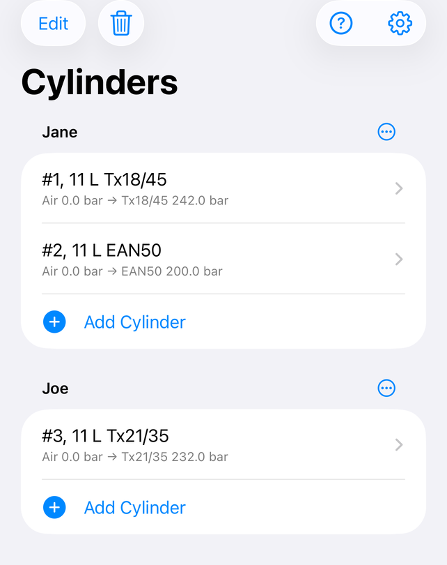 The cylinder list